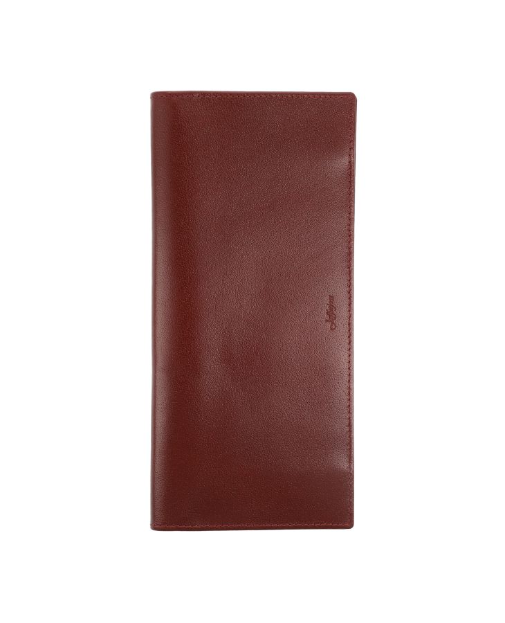 Tan leather wallet with cheque book slot.