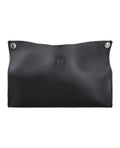 Black leather tissue box cover with snap closure.