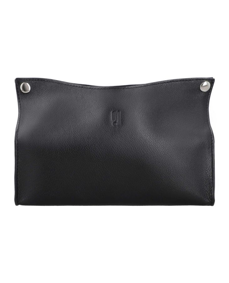 Black leather tissue box cover with snap closure.