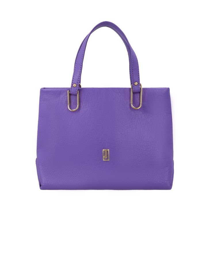 Purple leather handbag with metallic logo
