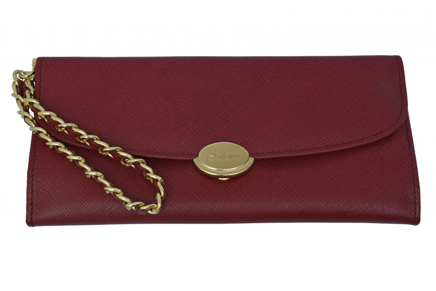 Maroon Textured leather wristlet with snap closure.