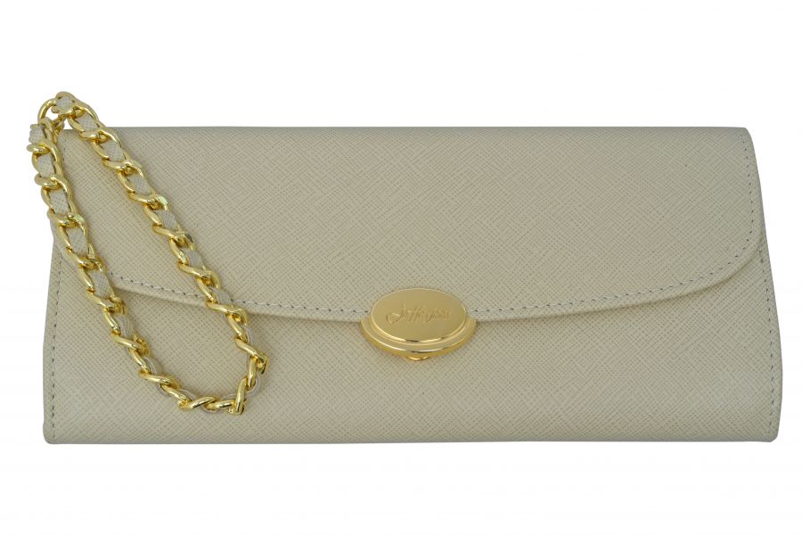 Off White Leather wristlet with card slots.