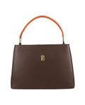 Brown and Tan Leather bag with metallic logo