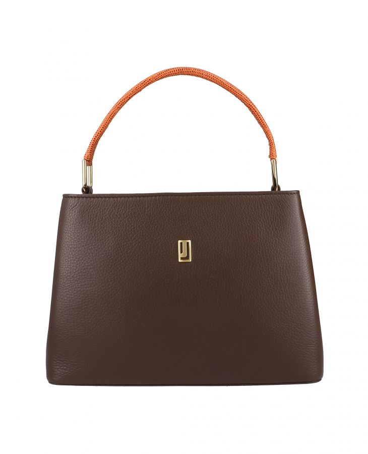 Brown and Tan Leather bag with metallic logo