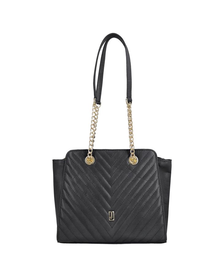 Black leather handbag with gold chain